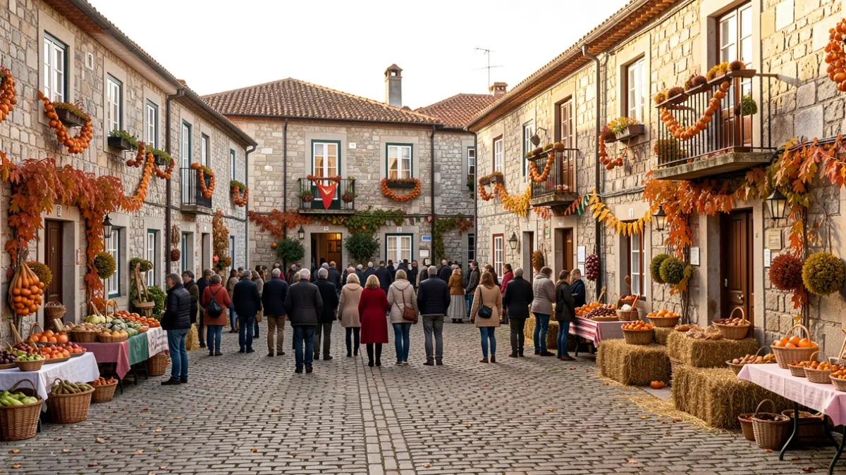 Generic image of a Portuguese village decorated for an autumn festival.
