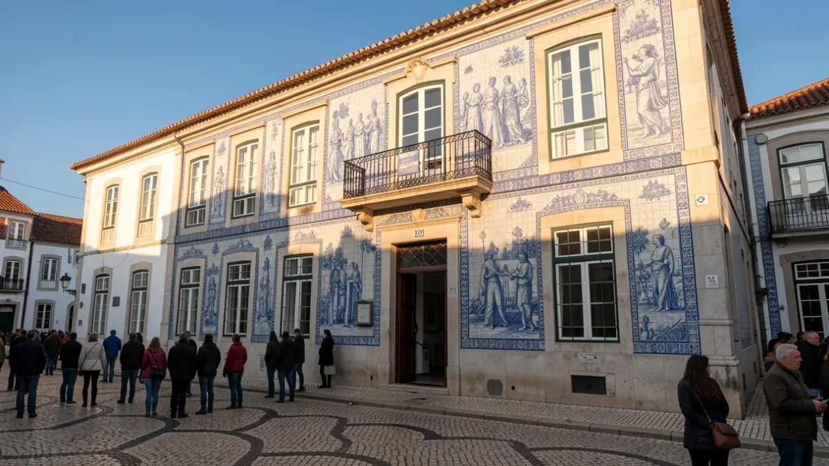 Imagem genérica de uma fachada de edifício público português com azulejos e varanda, sob luz solar de fim de tarde.