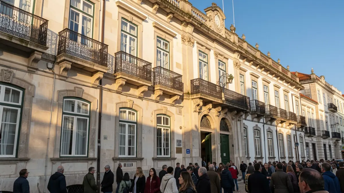 Generic image of a Portuguese regional government building with ornate balconies and stone details, warm afternoon sunlight casting shadows, blue sky.