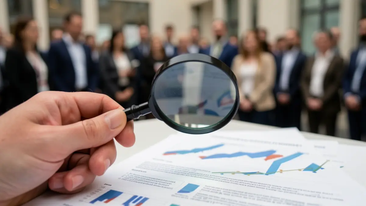 Mano con lupa sobre documento con gráficos financieros y texto, simbolizando innovación empresarial y recursos humanos cualificados.
