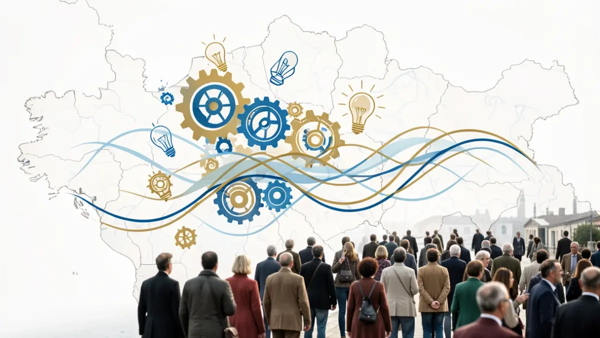 Generic image of abstract elements of innovation and research in shades of blue and gold.