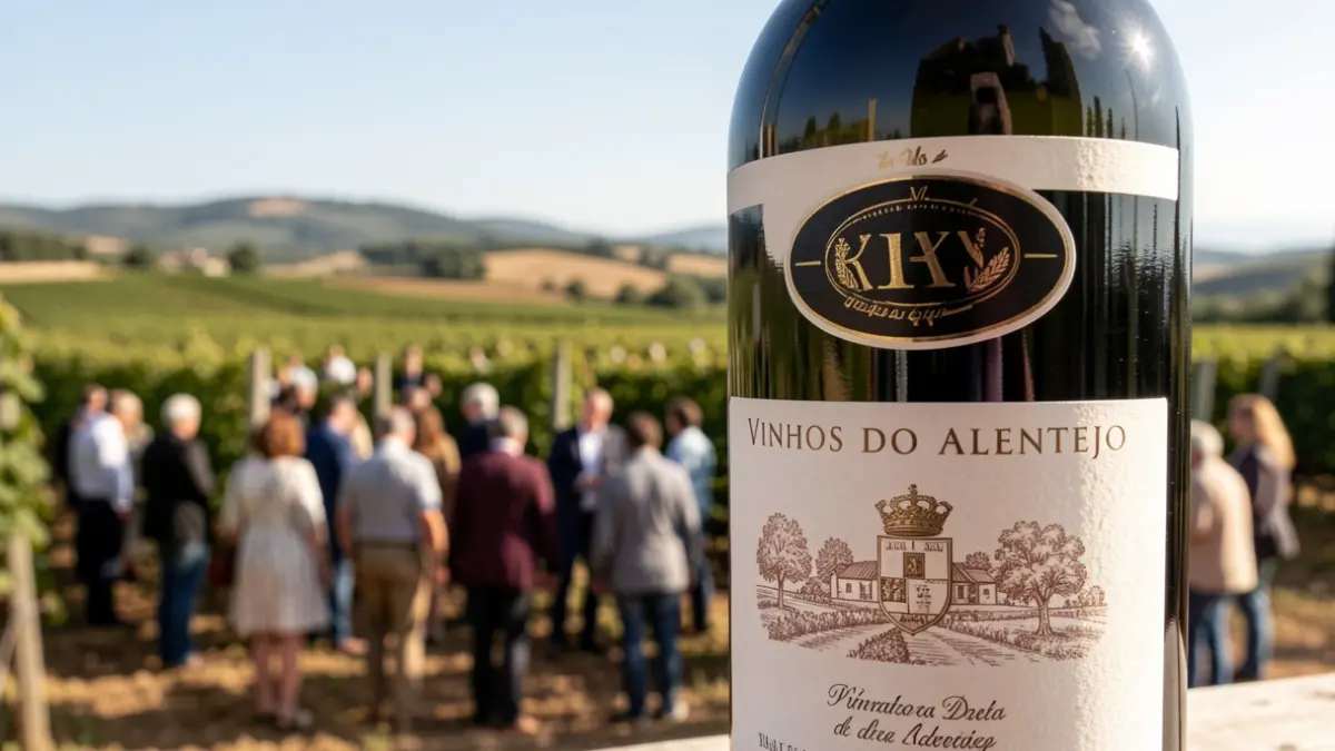 Image of a wine bottle labeled 'Vinhos do Alentejo' with vineyards in the background.