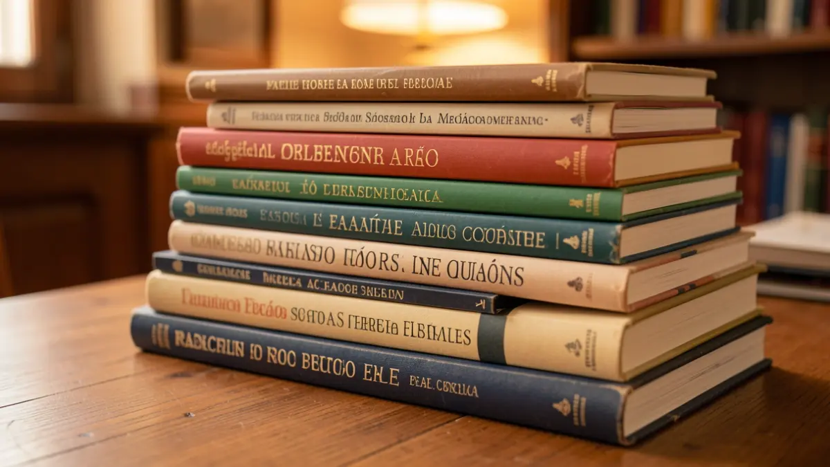 Imagen genérica de una pila de libros con títulos en portugués sobre un escritorio de madera, con iluminación suave.