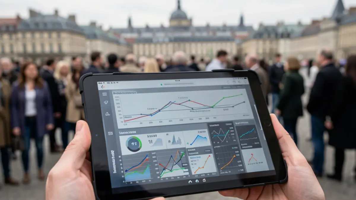 Generic image of a tablet displaying graphs and data on regional development and technology.