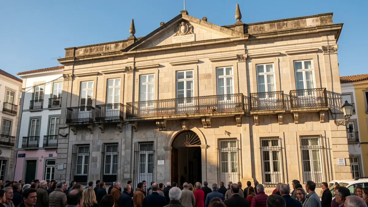 Imagem genérica de uma fachada de Câmara Municipal portuguesa em pedra com varandas ornamentadas e grades de ferro, sob a luz quente da tarde.
