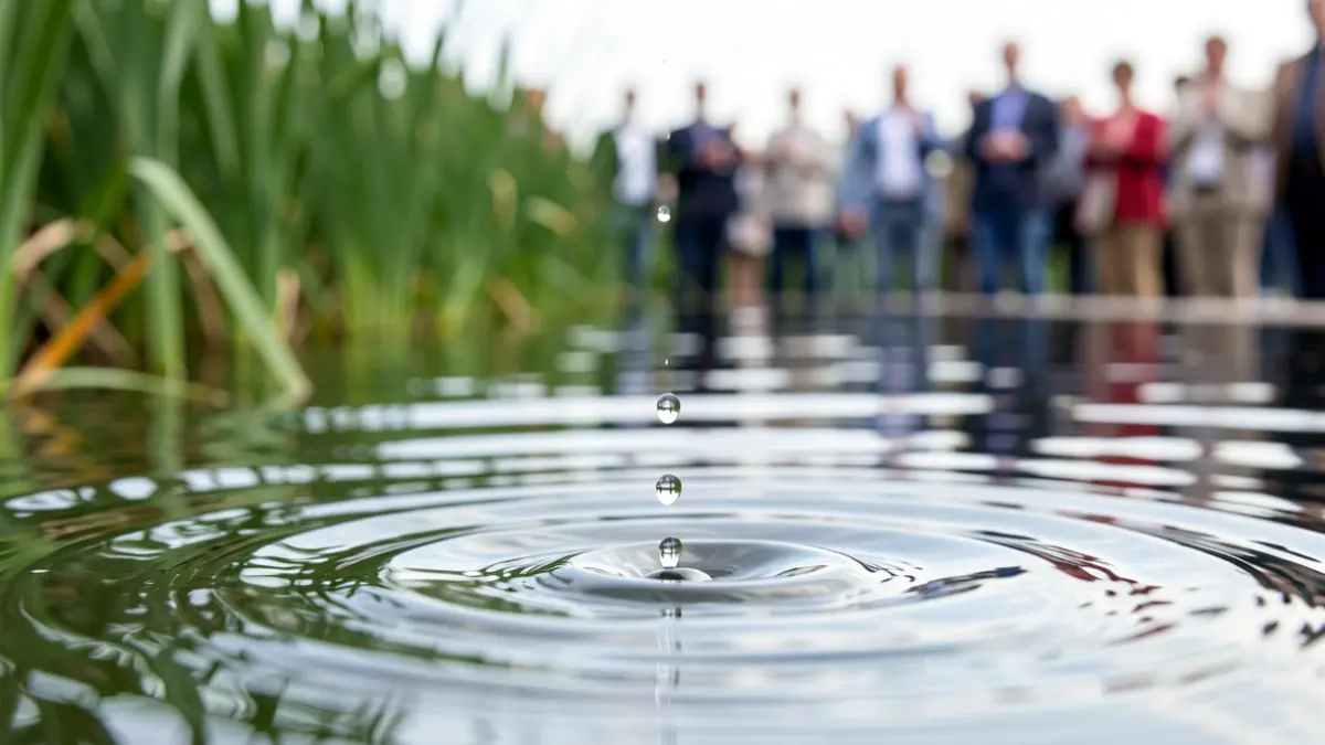 Water droplets falling into clear water, symbolizing water management.