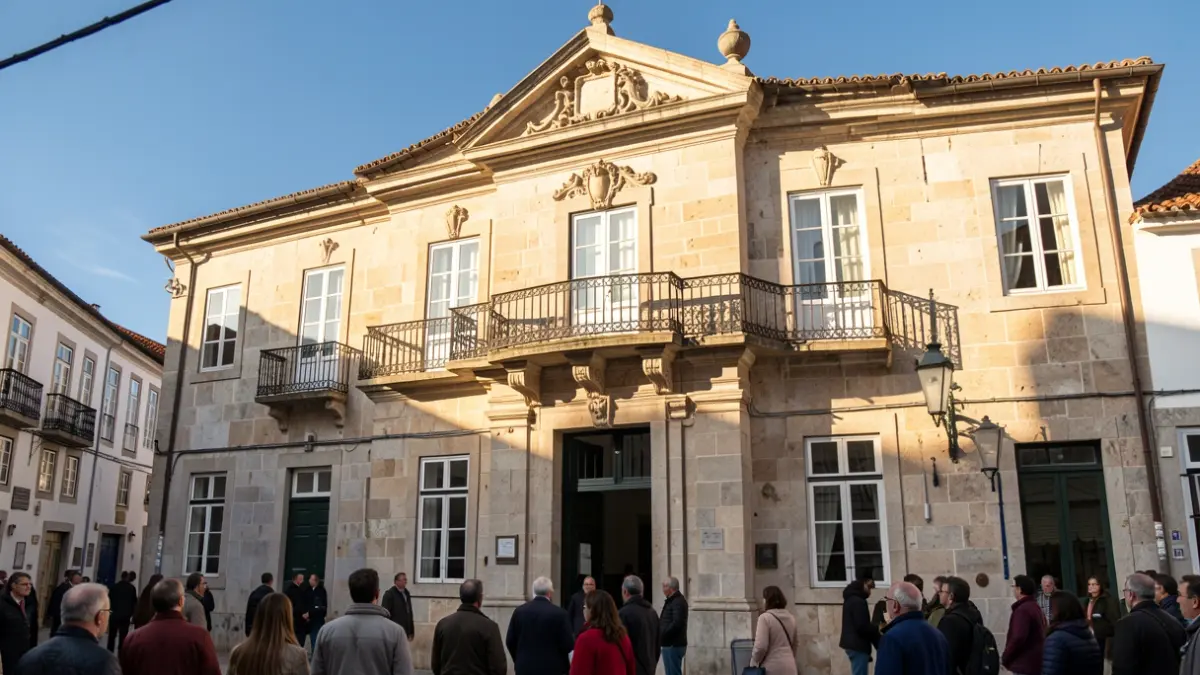Facade of a municipal building in Almeida, Portugal, at dusk.
