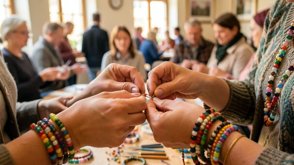 Generic image of hands crafting colorful beaded bracelets.