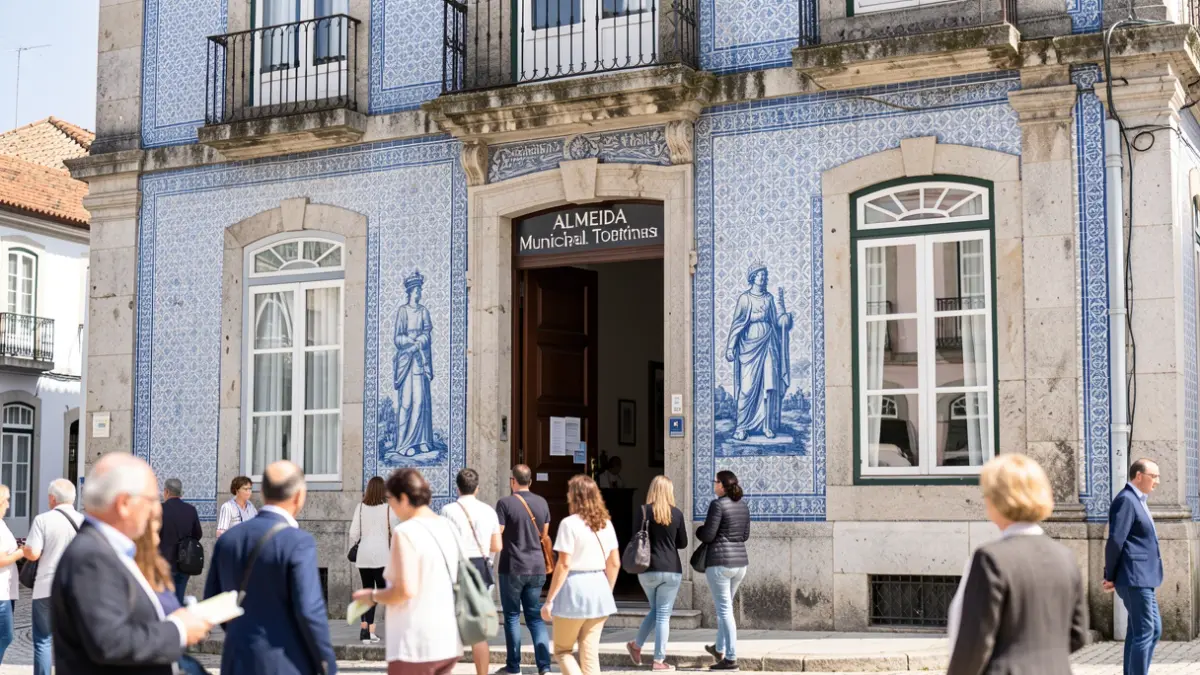 Fachada do Turismo Municipal de Almeida, um edifício histórico com azulejos portugueses e detalhes em pedra, sob luz diurna.