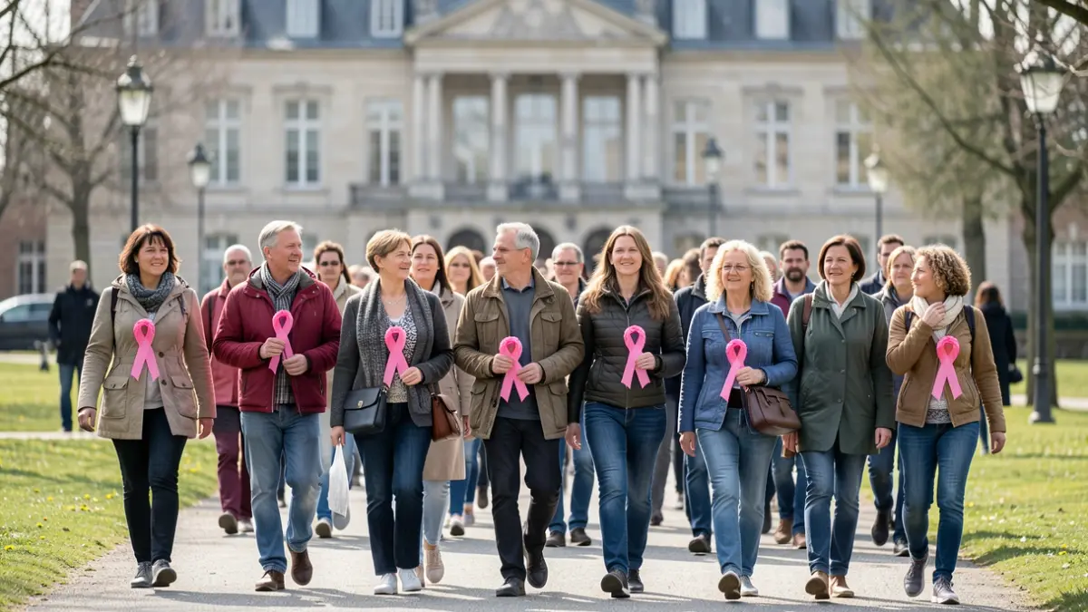 Imagem de uma caminhada comunitária em Almeida pelo Outubro Rosa, com participantes a segurar laços cor-de-rosa.