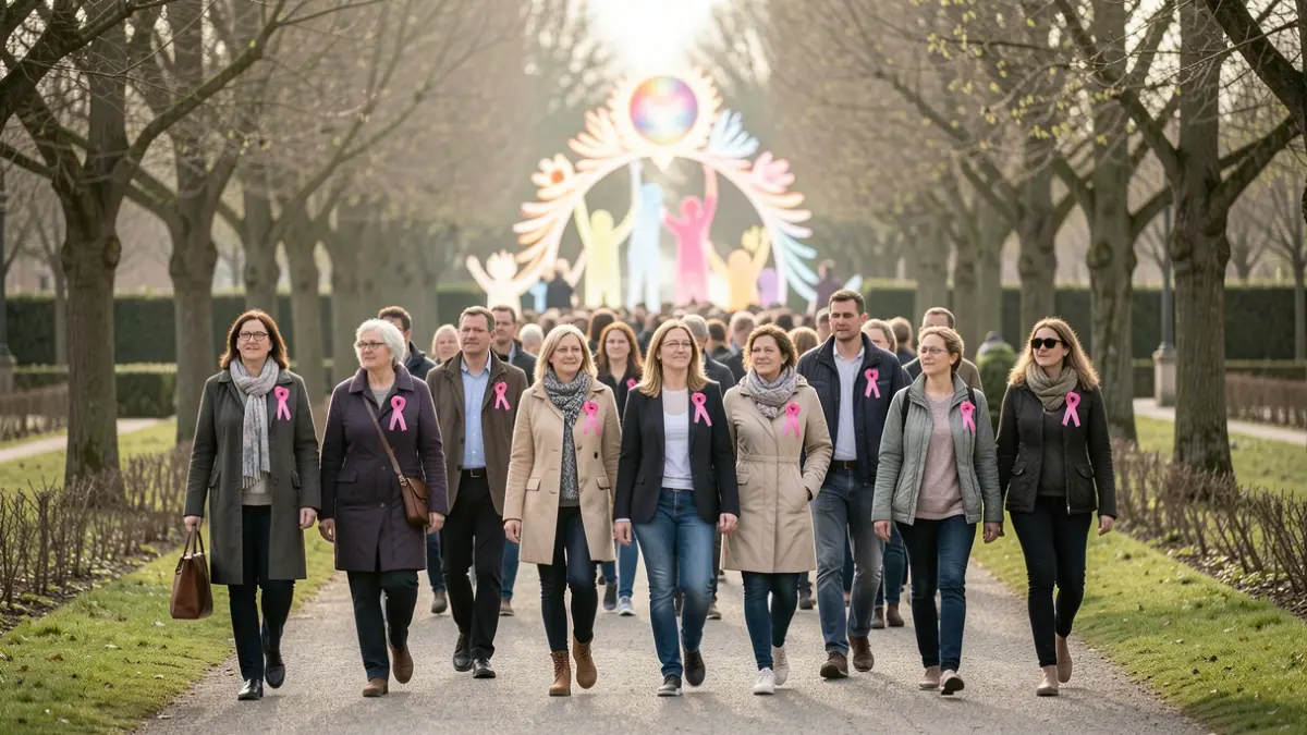 Imagem genérica de um grupo de pessoas a caminhar juntas, algumas com laços cor-de-rosa, simbolizando a prevenção e a união.