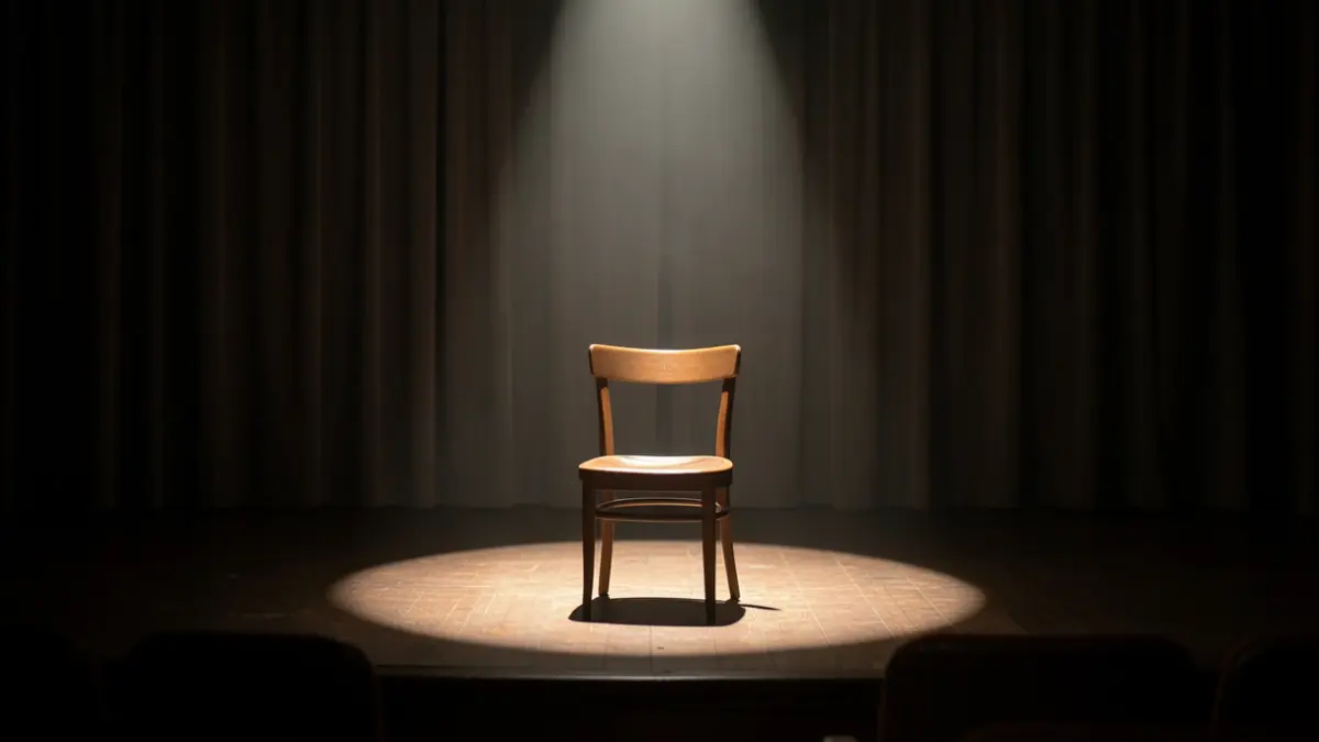 Generic image of a theatre stage with an empty chair under a spotlight, suggesting introspection.