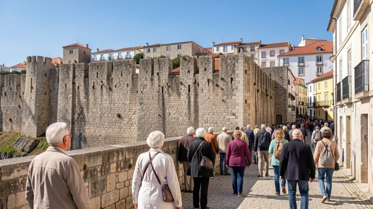 Image of tourists exploring the historic center of Almeida, Portugal.