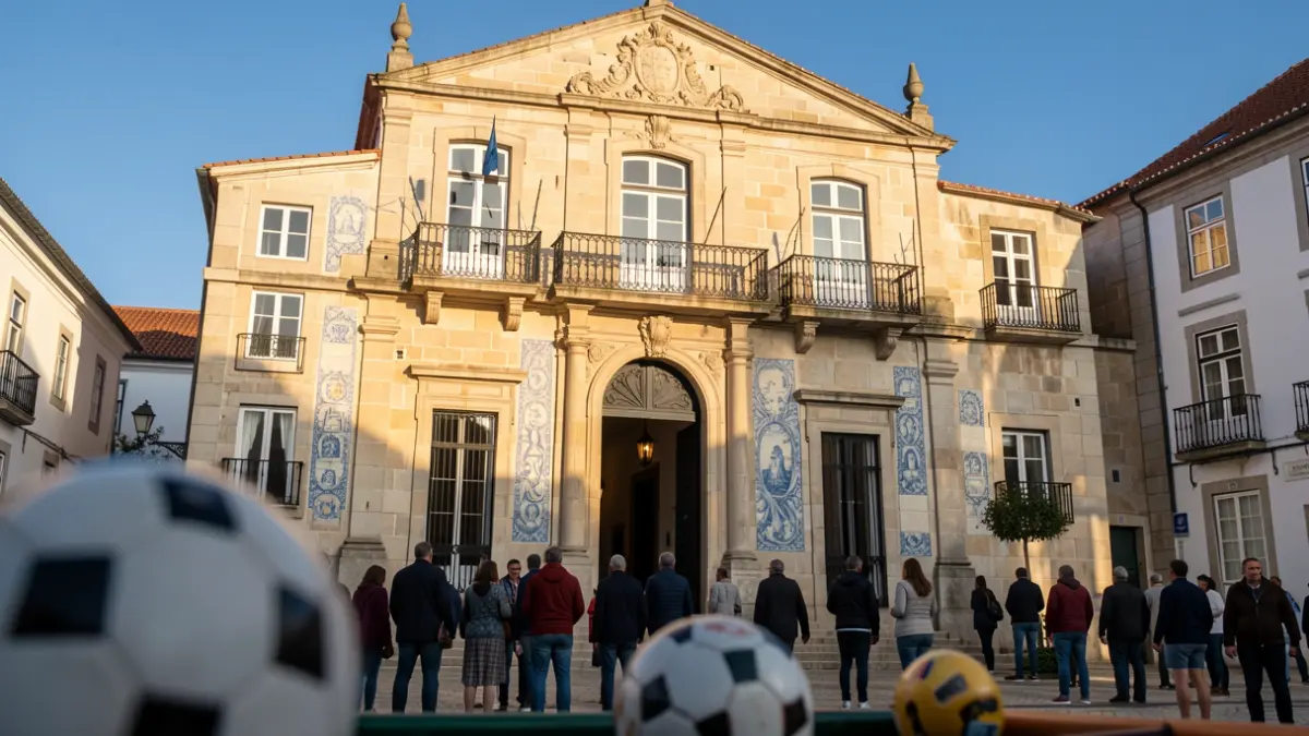 Fachada de un edificio municipal portugués con balcones ornamentados y luz solar de tarde.