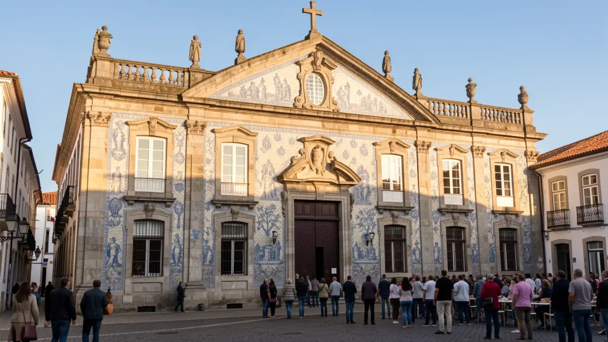 Generic image of the facade of a Portuguese municipal building with traditional azulejo tiles.