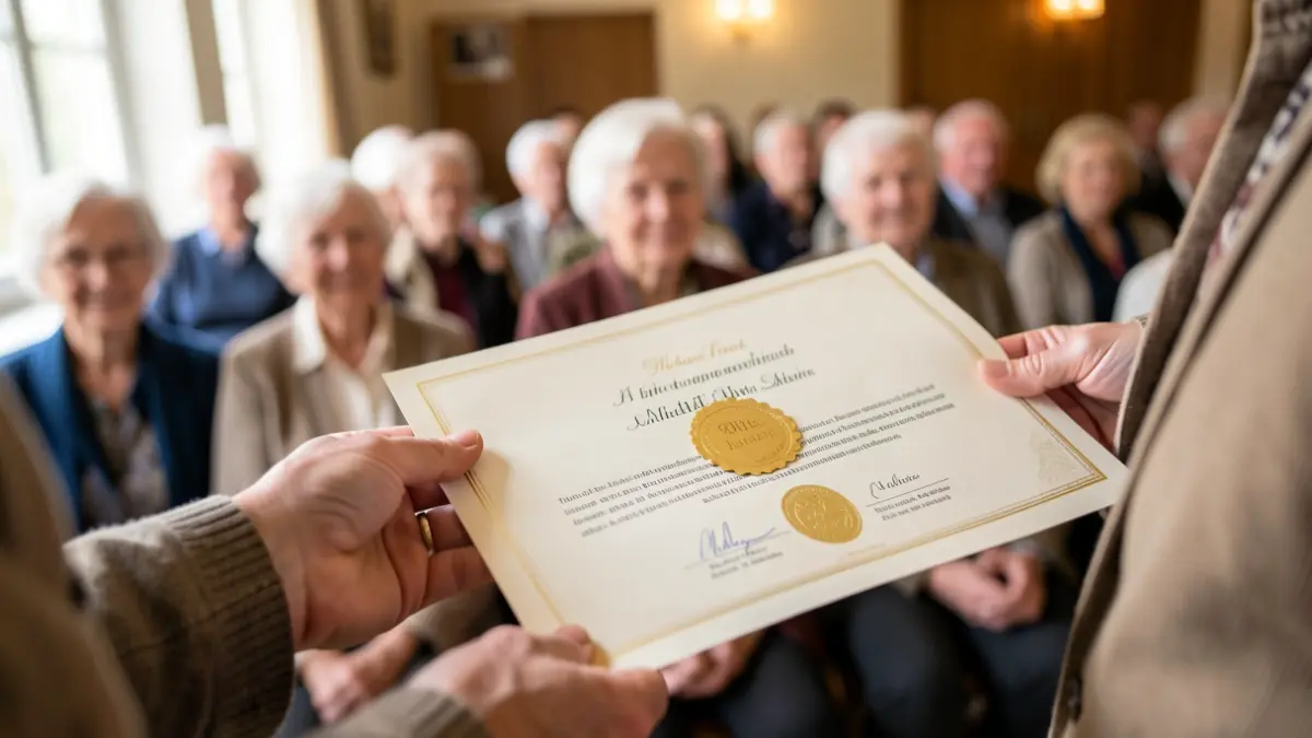 Senior citizen's hands holding a quality certificate with a golden seal, blurred community event in the background.