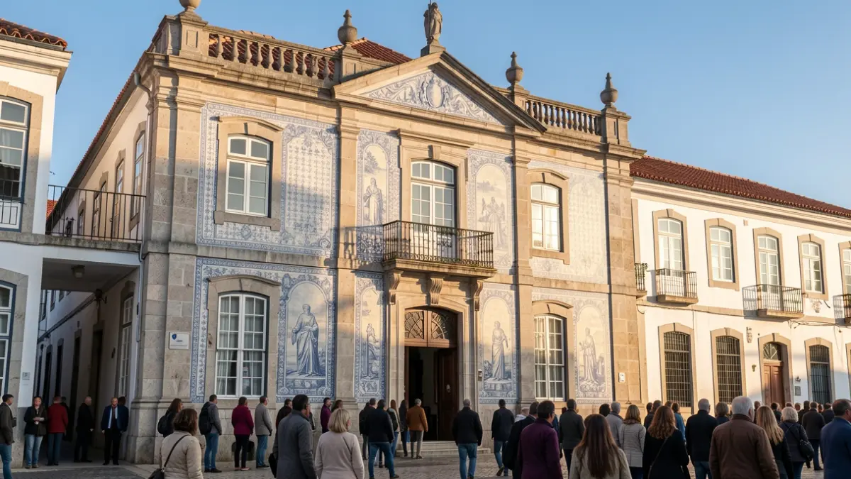 Facade of a municipal building in Almodôvar with traditional tiles.