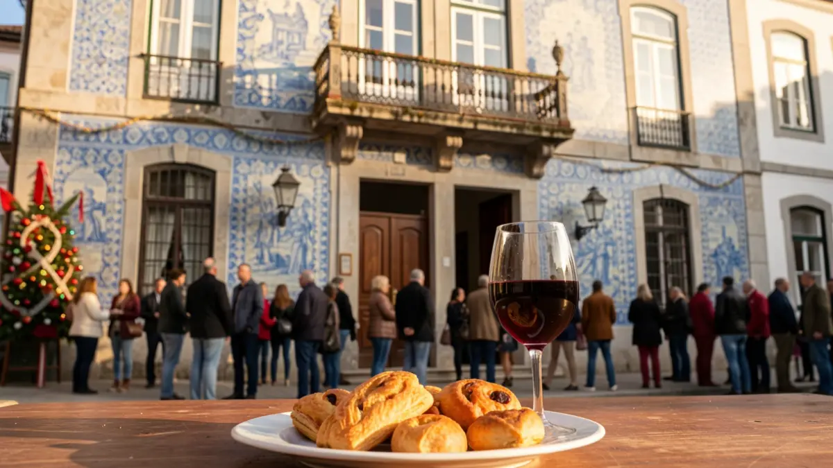 Imagem genérica de uma fachada de edifício municipal com azulejos e uma varanda, com um prato de pastelaria e um copo de vinho em primeiro plano.