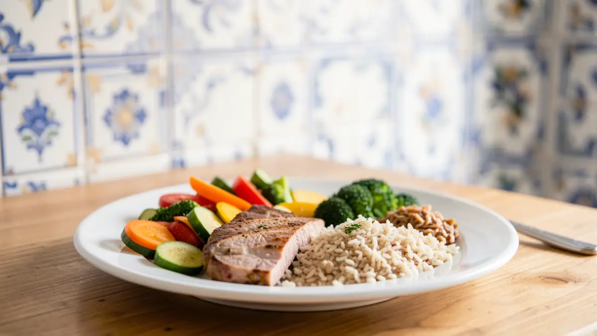 Imagem genérica de um prato de comida saudável com vegetais coloridos, proteína magra e grãos integrais, num cenário português.