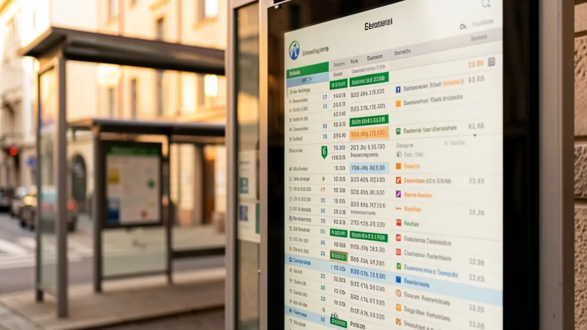 Imagem genérica de um painel digital de informação sobre transportes públicos com sinalética de paragem desfocada ao fundo.
