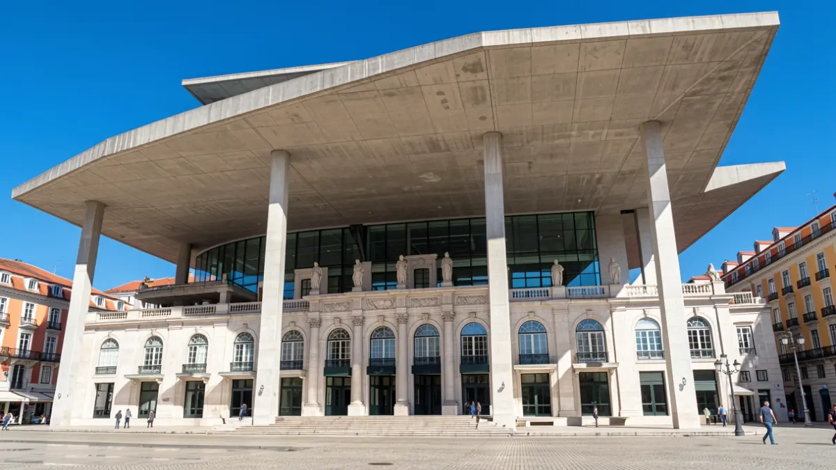 Imagem genérica: um edifício com uma cobertura de betão distintiva, sob um céu azul claro.