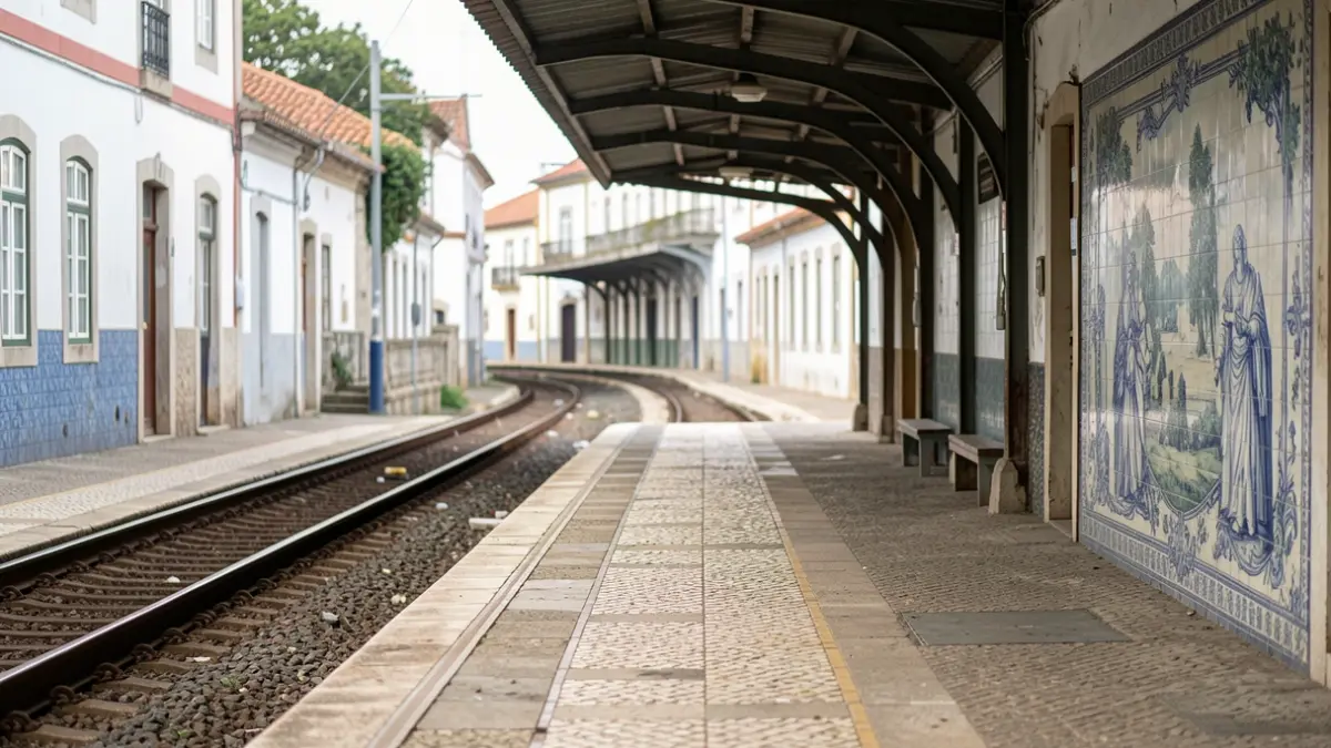 Generic image of a Portuguese railway station with azulejo tiles and tracks in the distance.