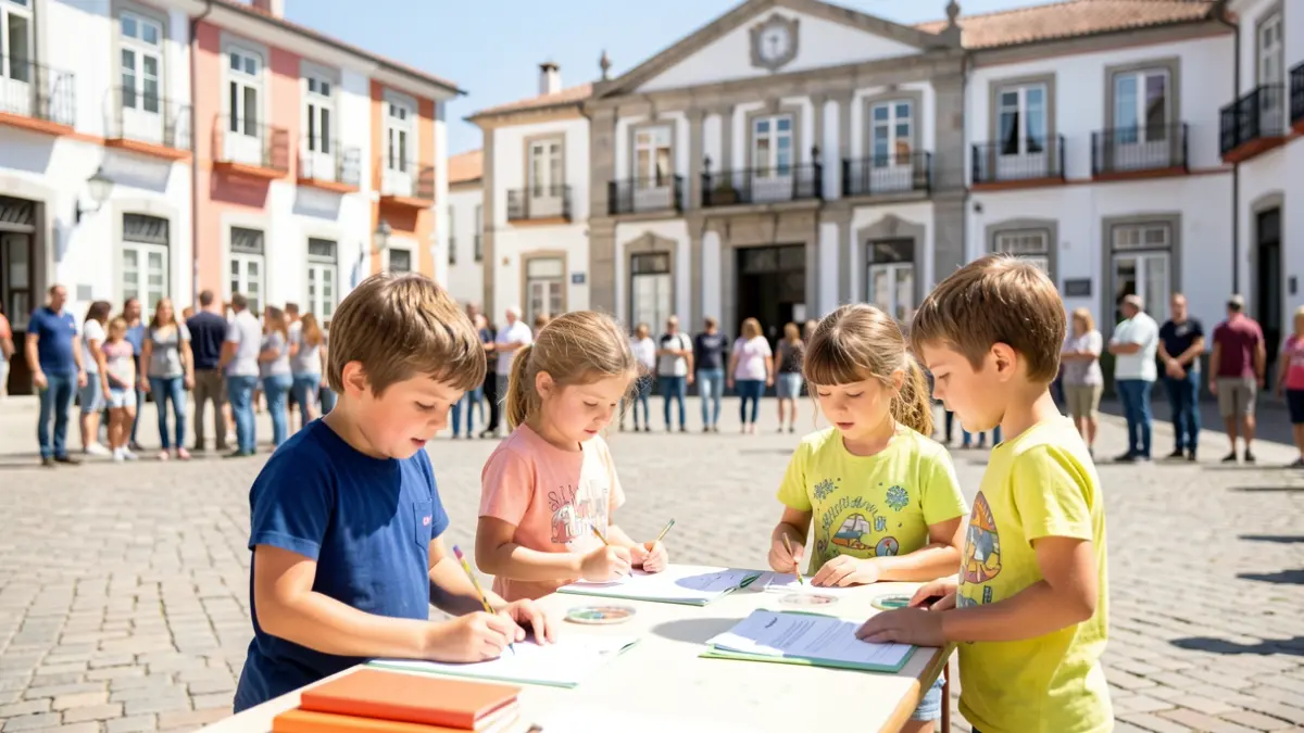Children participating in a road safety awareness activity in Oleiros, with municipal buildings in the background.