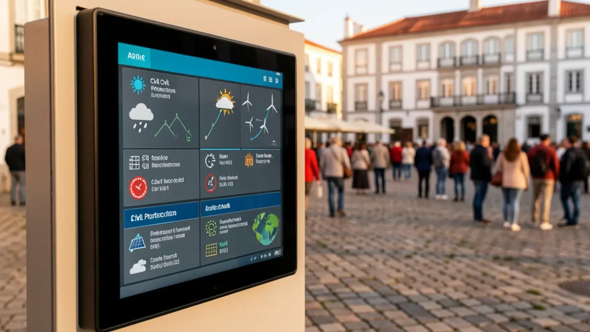 Imagen genérica de un panel interactivo de protección civil con alertas, alimentado por energía solar y eólica, en una plaza portuguesa.