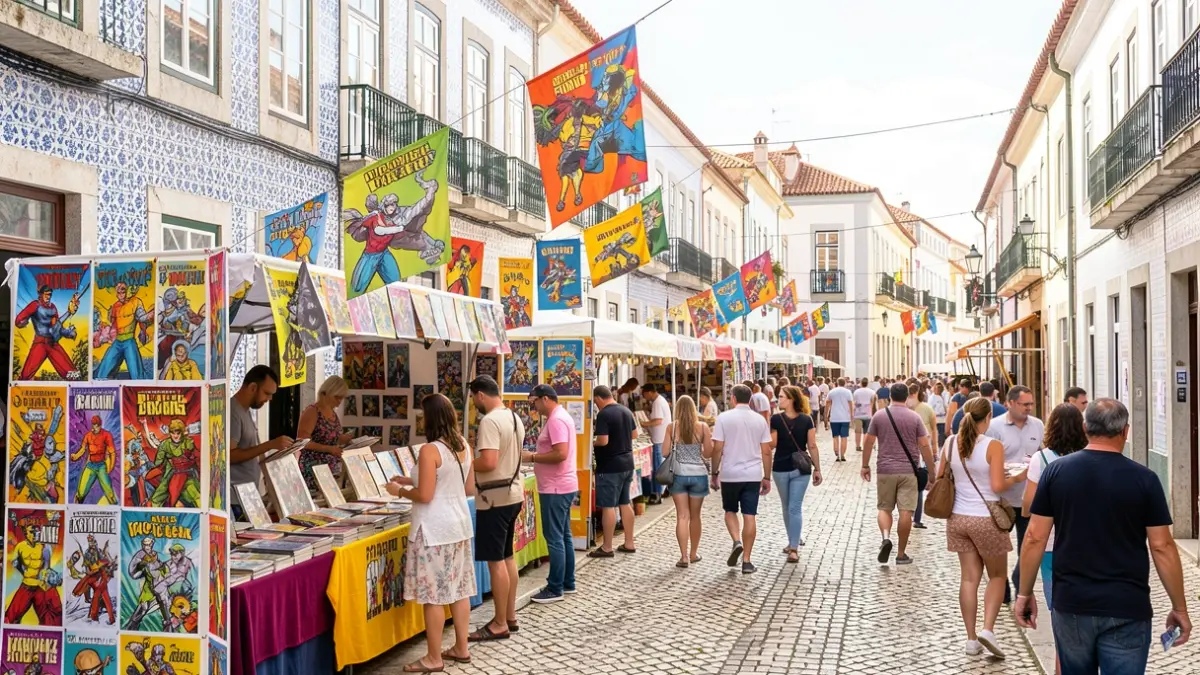 Generic image of a street in Amadora during a comic book festival, featuring colorful posters and Portuguese architecture.