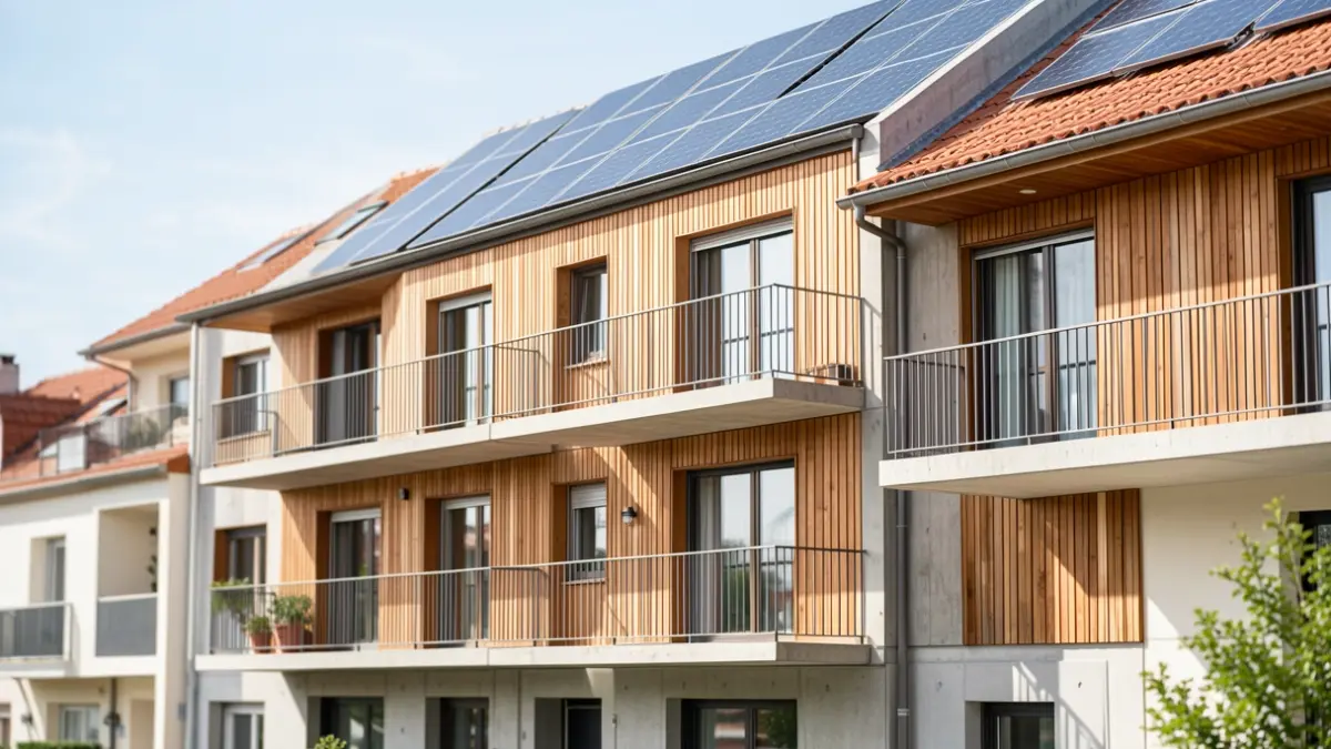 Generic image of a modern residential building with balconies and solar panels, built with sustainable materials.