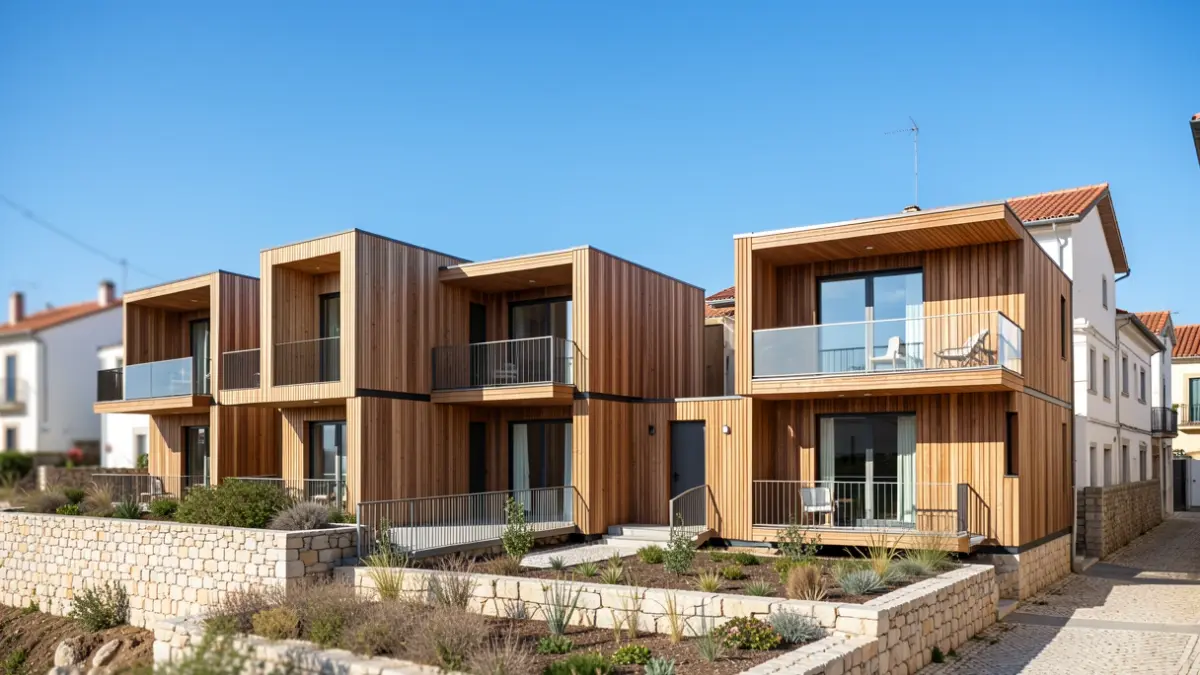 Imagem genérica de um complexo de habitação modular sustentável com materiais como madeira, em Portugal.