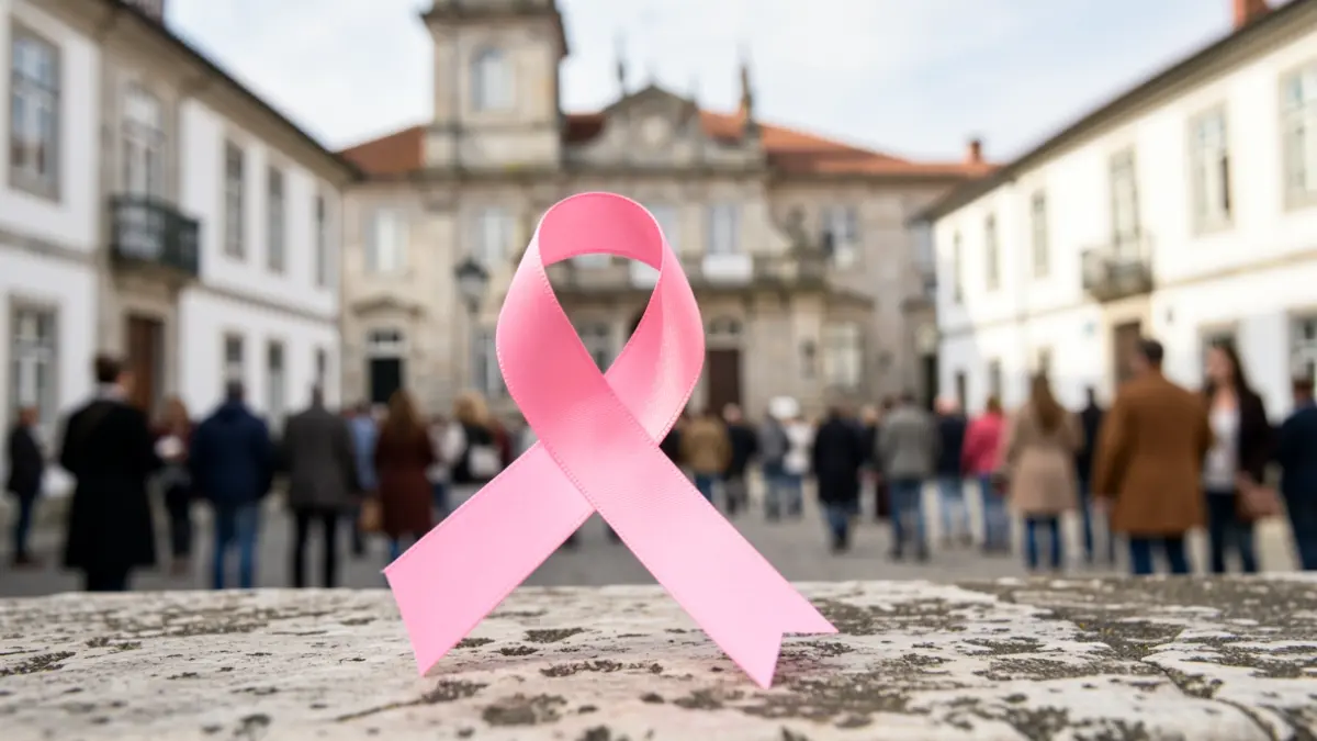 Generic image of a pink ribbon on stone, with blurred architectural elements of a Portuguese municipal building in the background.