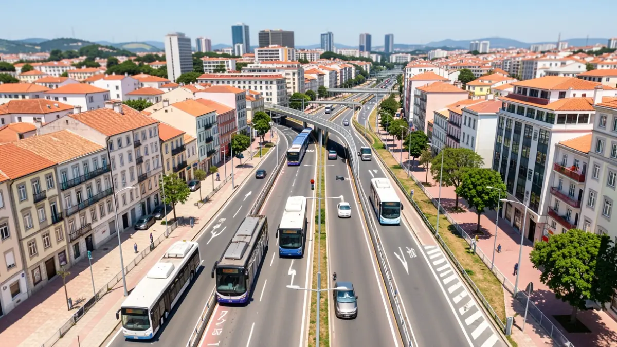 Imagen genérica de un corredor de Bus Rapid Transit (BRT) con autobuses eléctricos en Portugal.