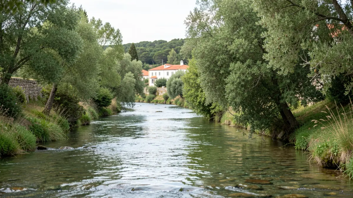 Image of a serene river in Amarante, featuring nature and Portuguese architecture, evoking well-being.