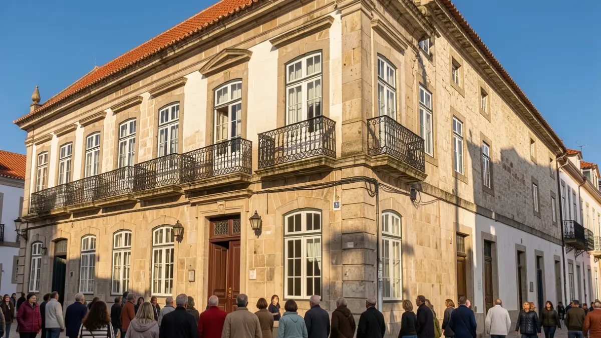 Imagem genérica de um edifício histórico português com varandas ornamentadas e luz solar de tarde.