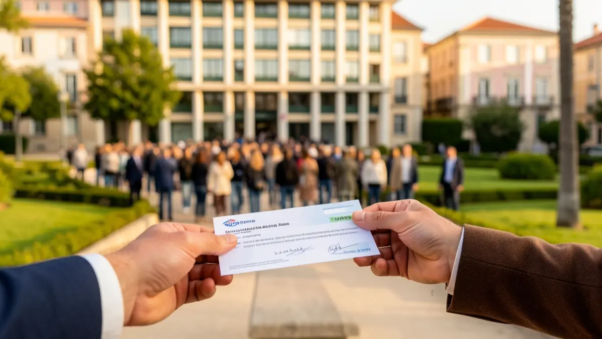 Generic image of hands exchanging a symbolic document with a municipal building in the background, in Portugal.