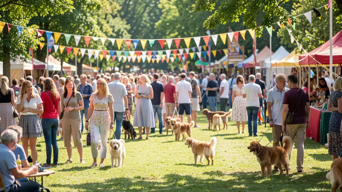 Imagem genérica de um festival ao ar livre com pessoas e cães num parque.