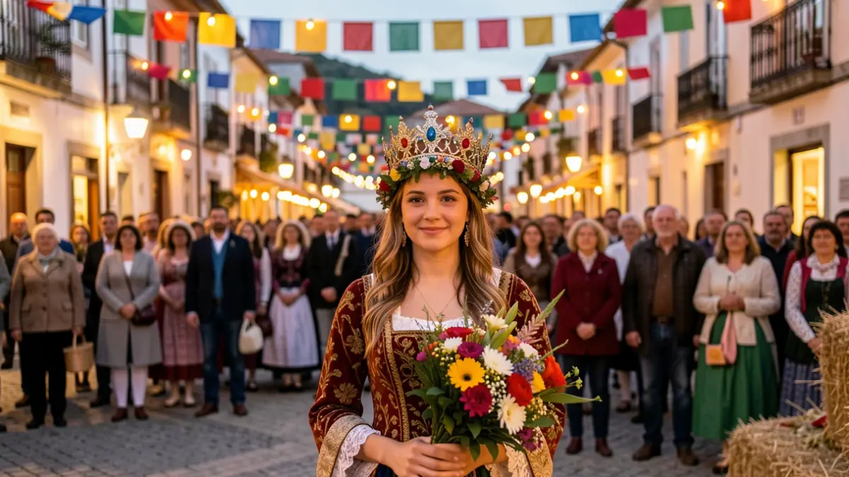 Imagen genérica de una coronación de reina de la vendimia en una plaza portuguesa al atardecer.