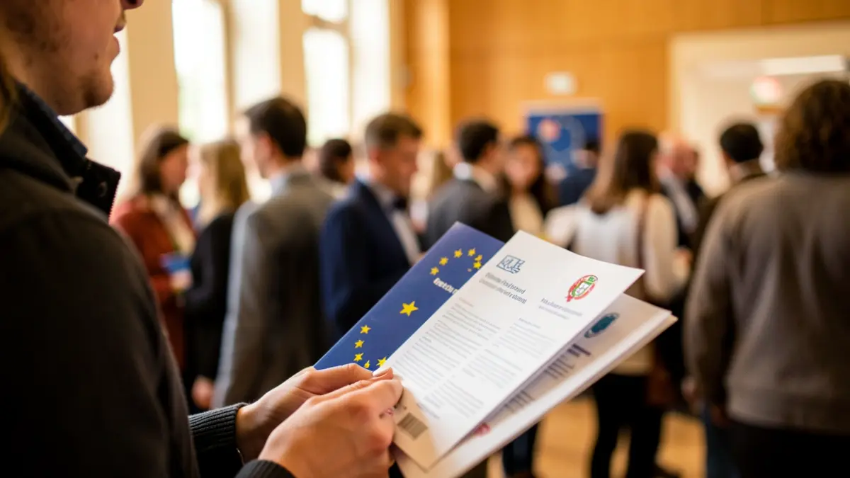 Image of a Portuguese university student's hand holding a brochure with blurred EU symbols.