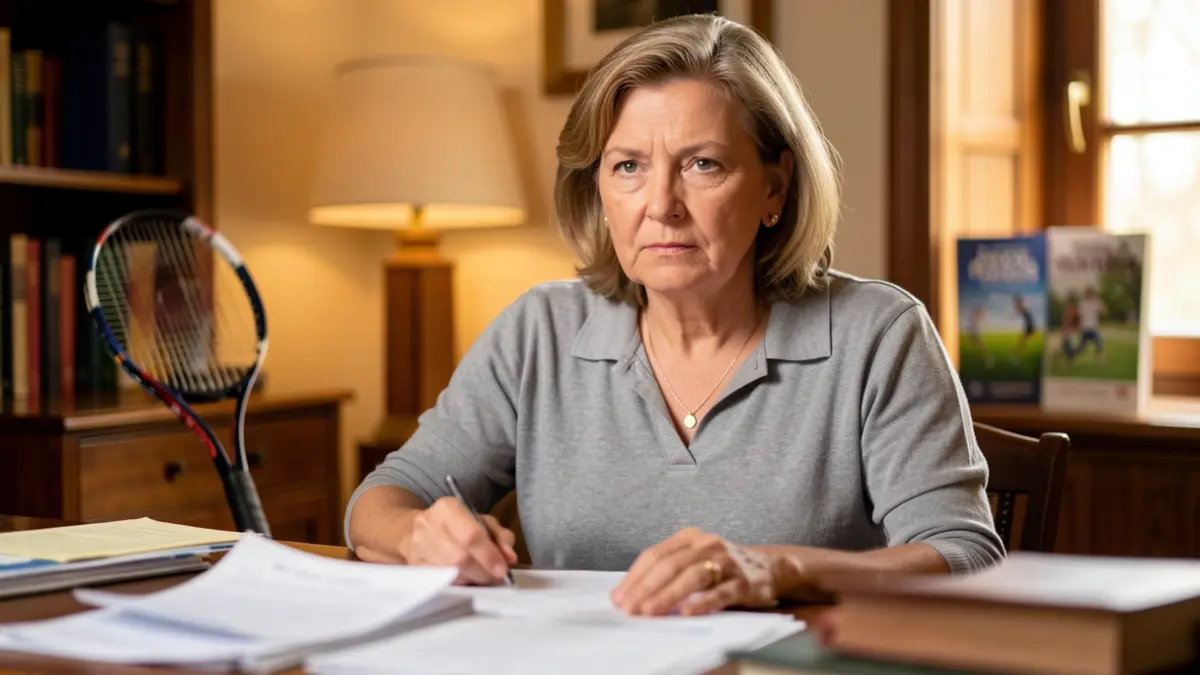 Mulher de meia-idade a estudar desporto, com elementos de contabilidade desfocados ao fundo.