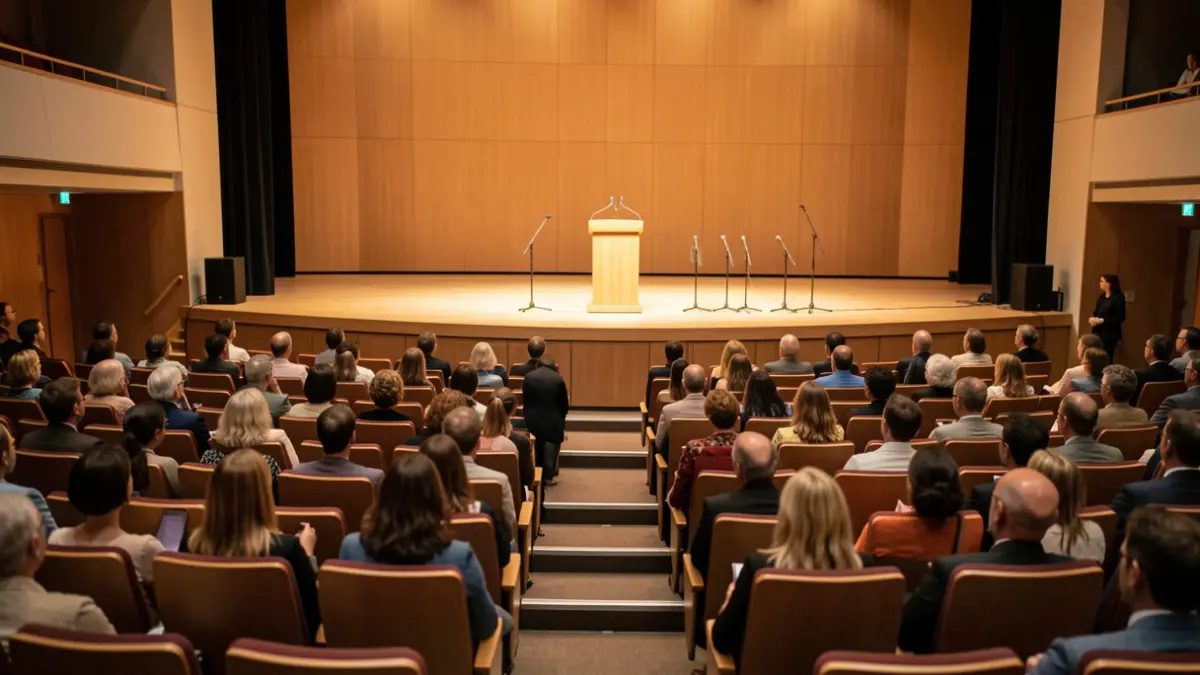 Generic image of an auditorium with empty seats and a stage with microphones.