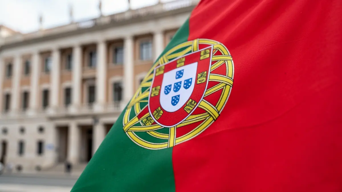 Generic image of Portuguese flag texture with the Assembly of the Republic building blurred in the background.