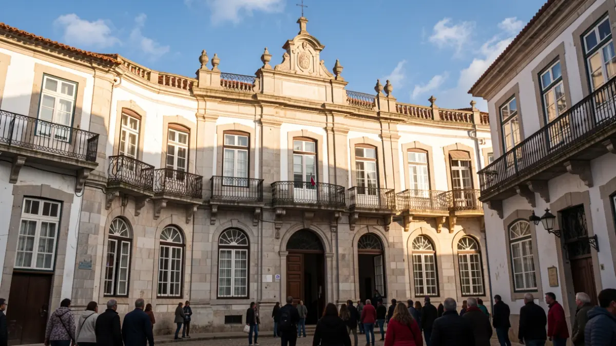 Generic image of a Portuguese municipal building with ornate balconies and stone facade, under late afternoon sunlight.