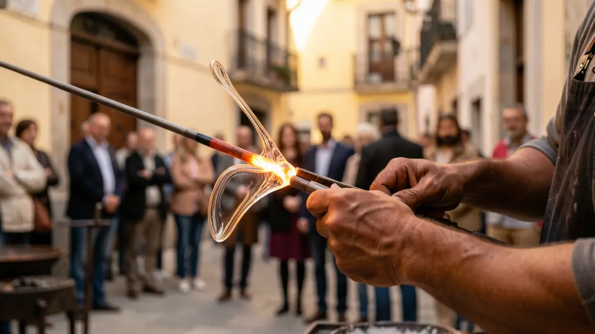 Imagem genérica de mãos a trabalhar vidro fundido com um tubo de sopro, com elementos arquitetónicos portugueses ao fundo.