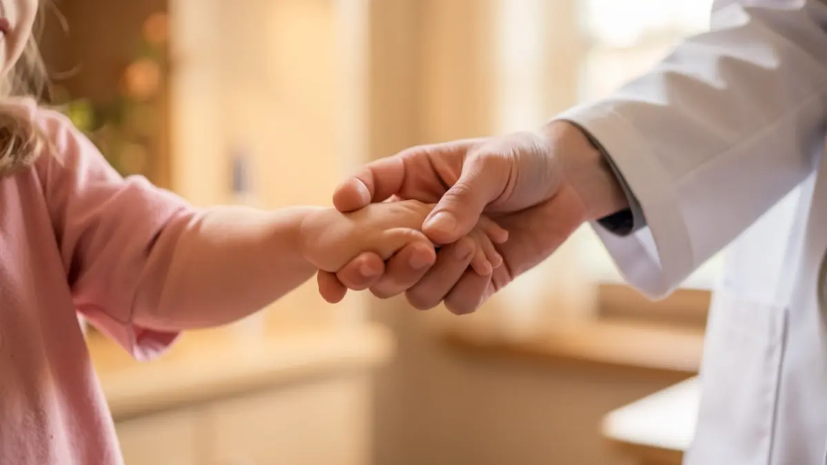 Generic image of a child's hand holding a healthcare professional's finger, symbolizing care and trust.