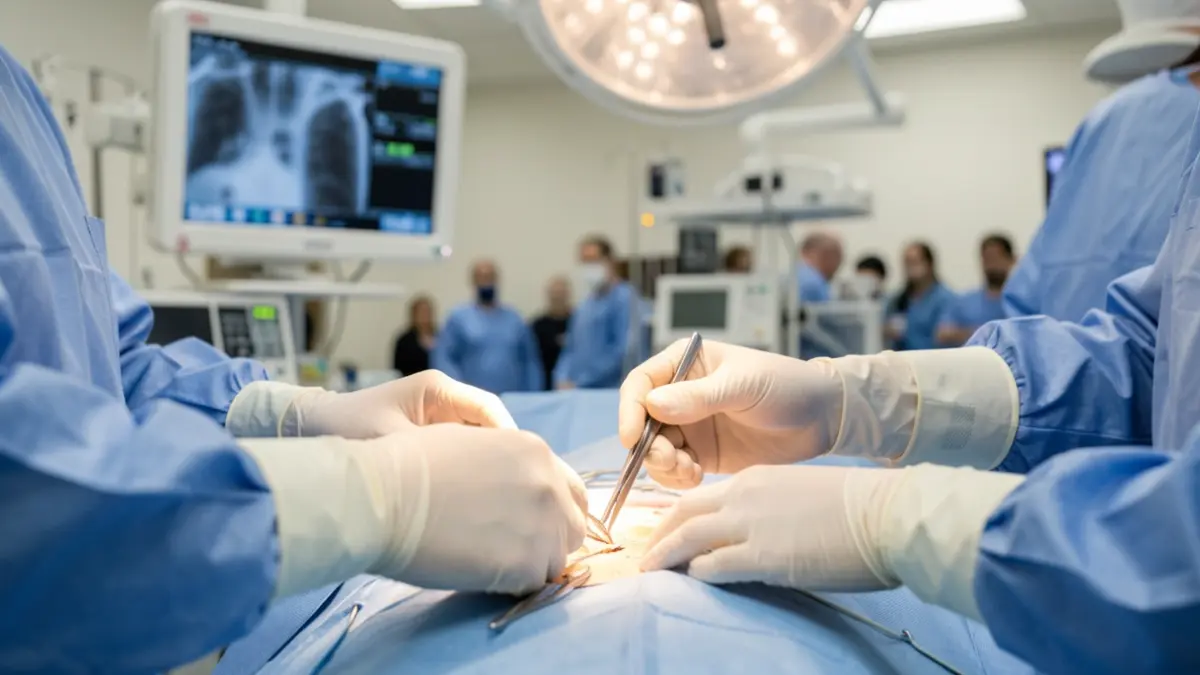 Imagen genérica de manos de equipo médico coordinando durante cirugía compleja, con instrumentos quirúrgicos y monitores desenfocados al fondo.
