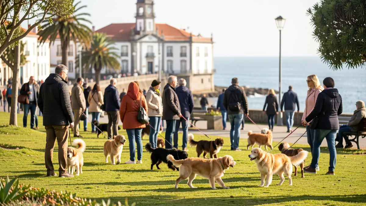 Imagem de um evento de cães em Angra do Heroísmo, Açores, com pessoas e animais a conviver.