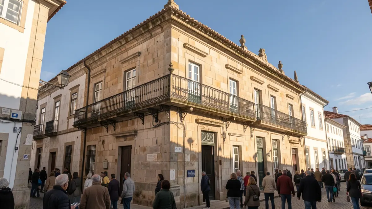 Imagen genérica de una fachada de edificio municipal de piedra con balcón ornamentado, bajo luz solar de tarde, arquitectura portuguesa.
