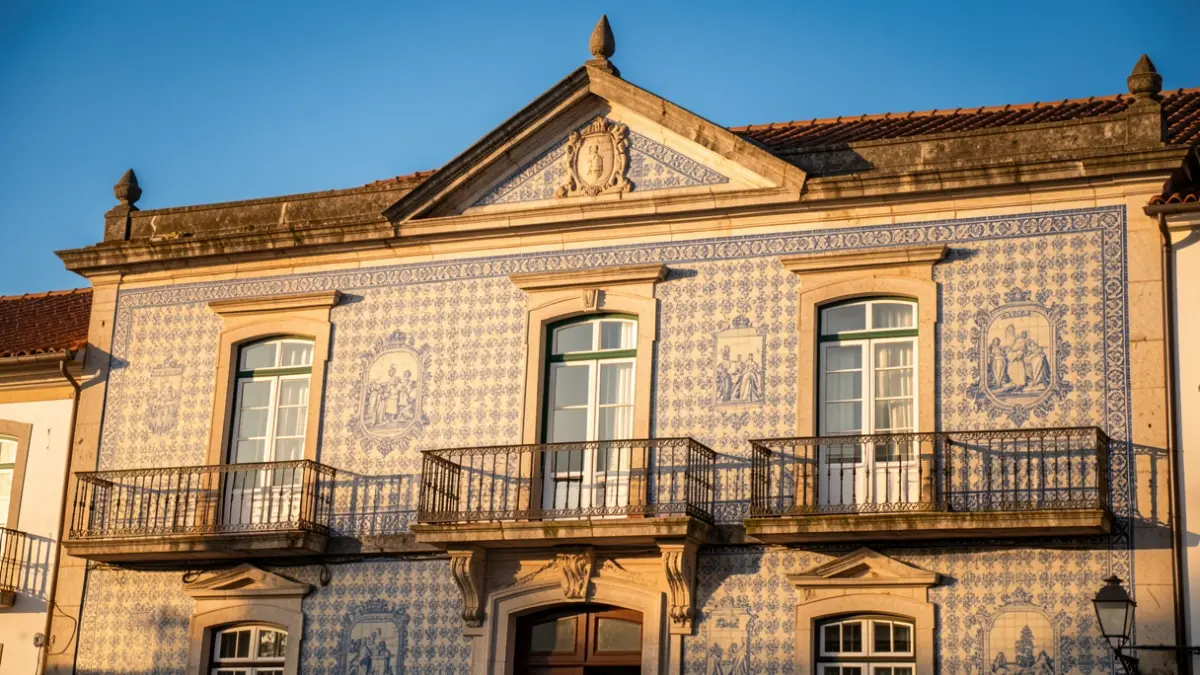 Imagen genérica de un Ayuntamiento portugués con azulejos tradicionales y balcón, bajo la luz solar del atardecer.