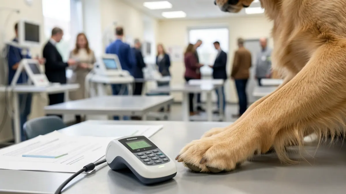 Imagem genérica de um scanner de microchip perto da pata de um cão numa clínica veterinária.